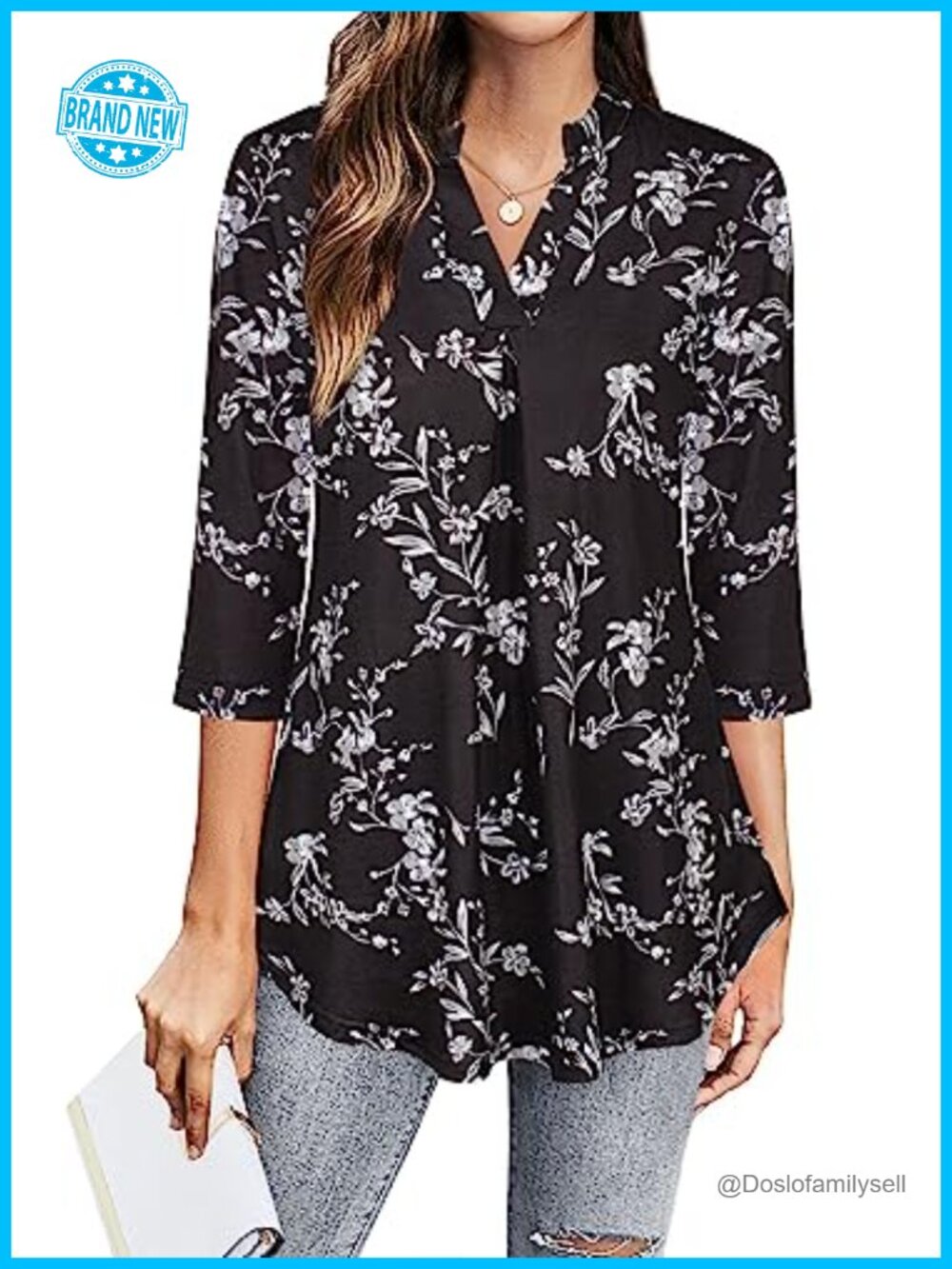 Womens 3/4 Sleeve V Neck Pleated Blouse Tunic Business Casual Work Top